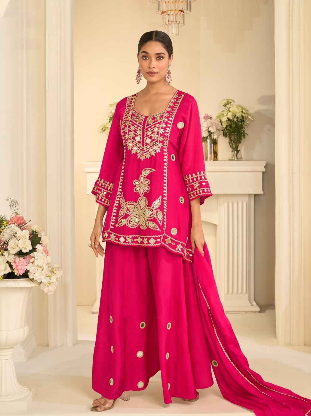 Rani Pink Premium Chinon Silk Embroidered Sharara Suit with Dupatta