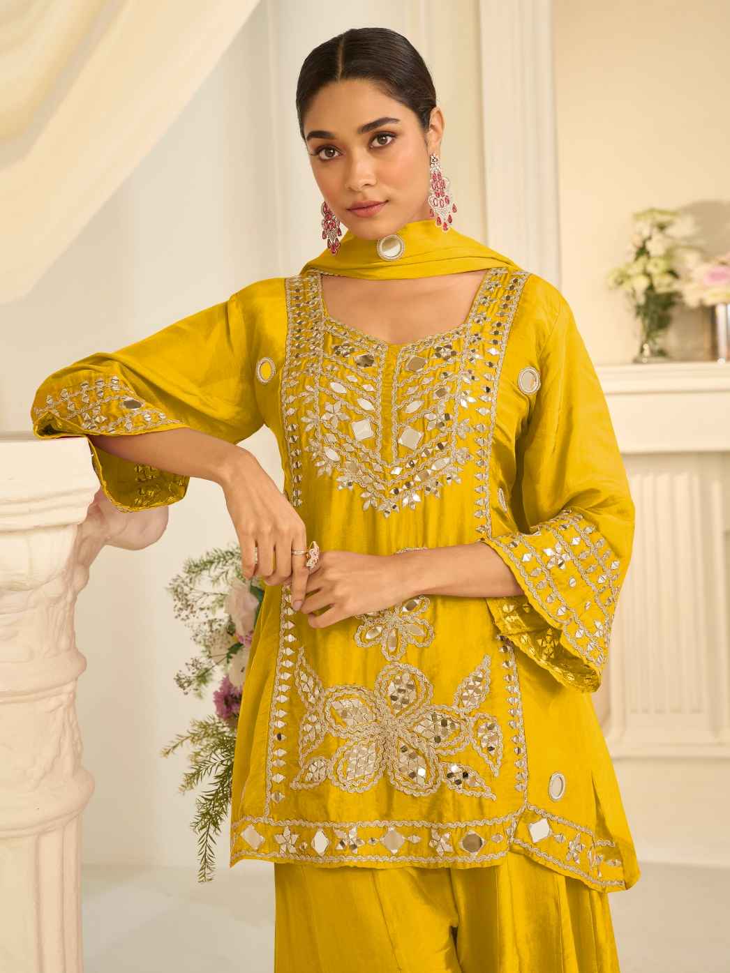Mustard Yellow Premium Chinon Silk Festive Sharara Suit