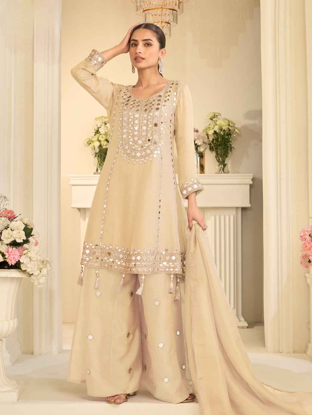 Beige Gold Premium Simar Silk Festive Sharara Suit with Dupatta