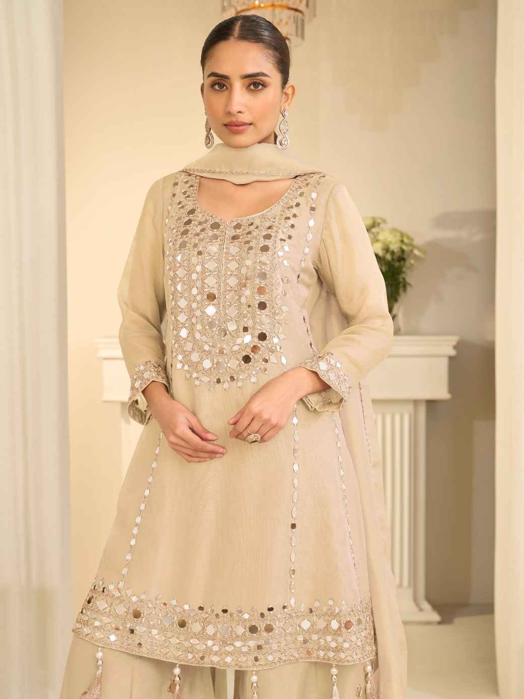 Beige Gold Premium Simar Silk Festive Sharara Suit with Dupatta