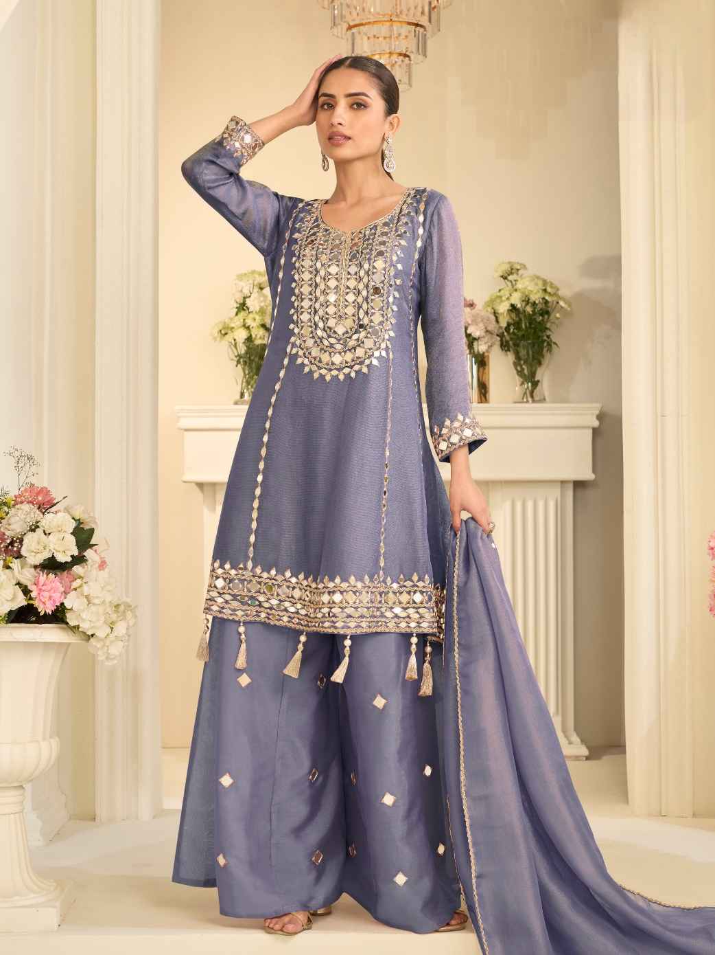 Steel Blue Premium Simar Silk Designer Sharara Set