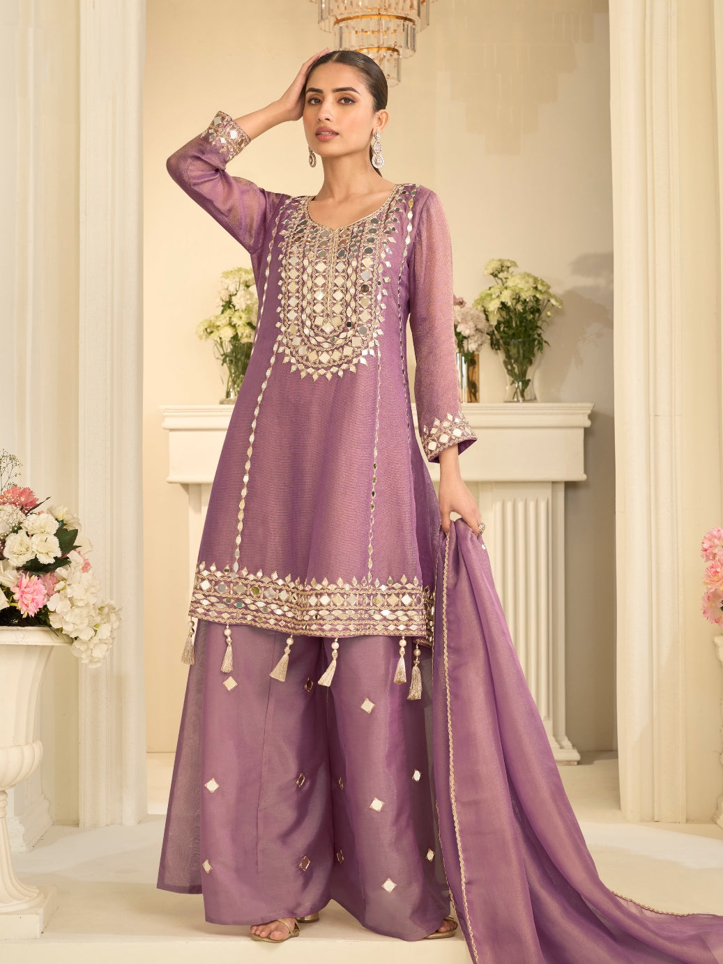 Mauve Purple Premium Simar Silk Embroidered Sharara Suit