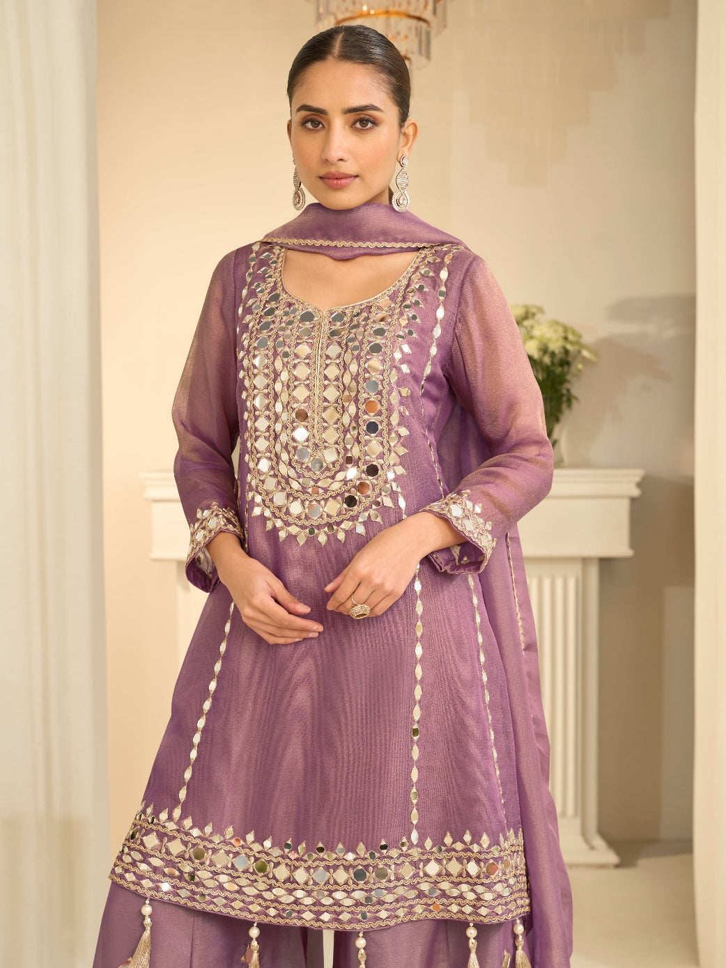 Mauve Purple Premium Simar Silk Embroidered Sharara Suit