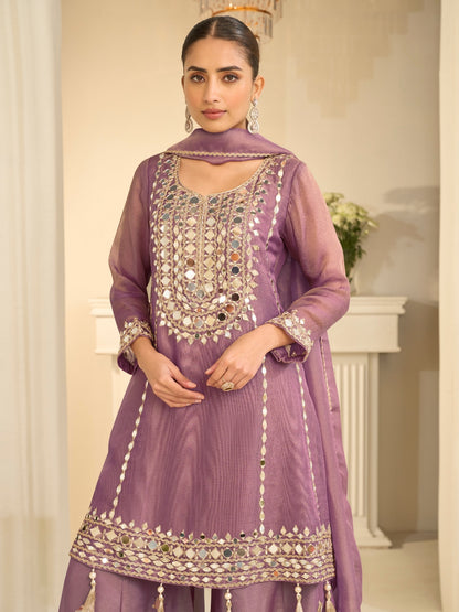 Mauve Purple Premium Simar Silk Embroidered Sharara Suit