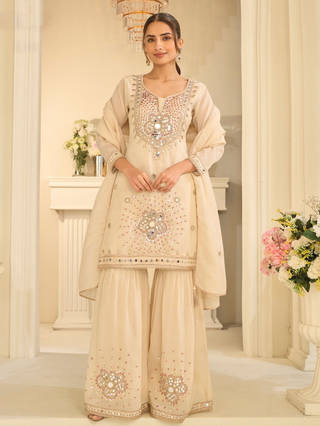 Cream Beige Premium Simar Silk Embroidered Gharara Suit
