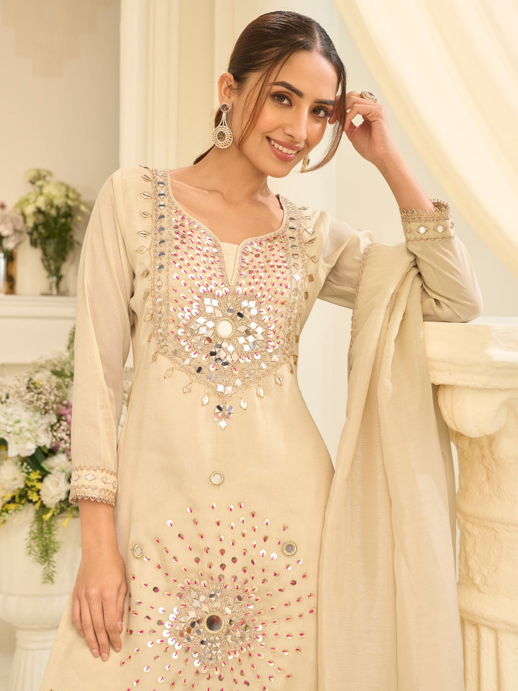 Cream Beige Premium Simar Silk Embroidered Gharara Suit