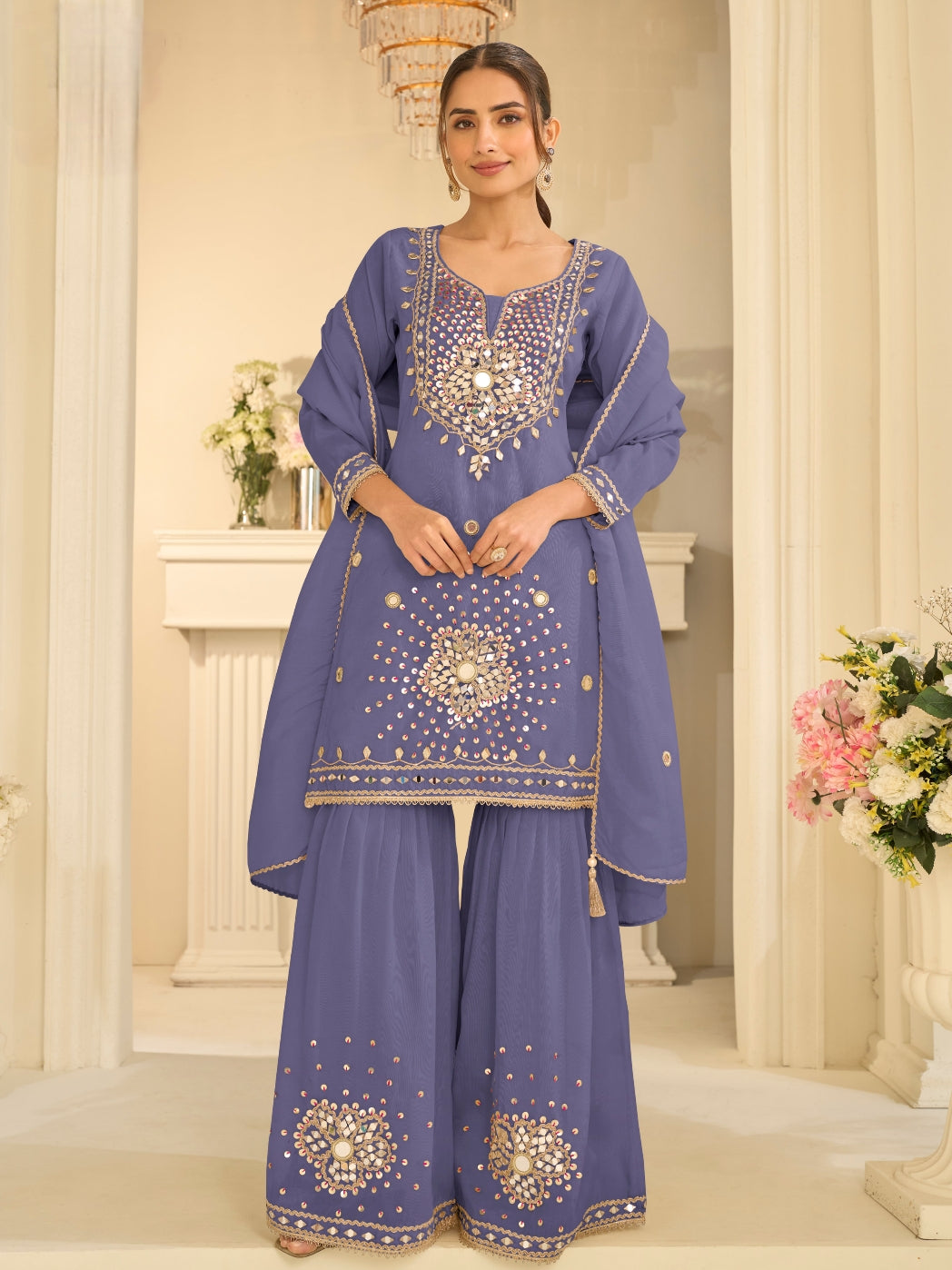Dusty Blue Premium Simar Silk Festive Gharara Suit with Dupatta