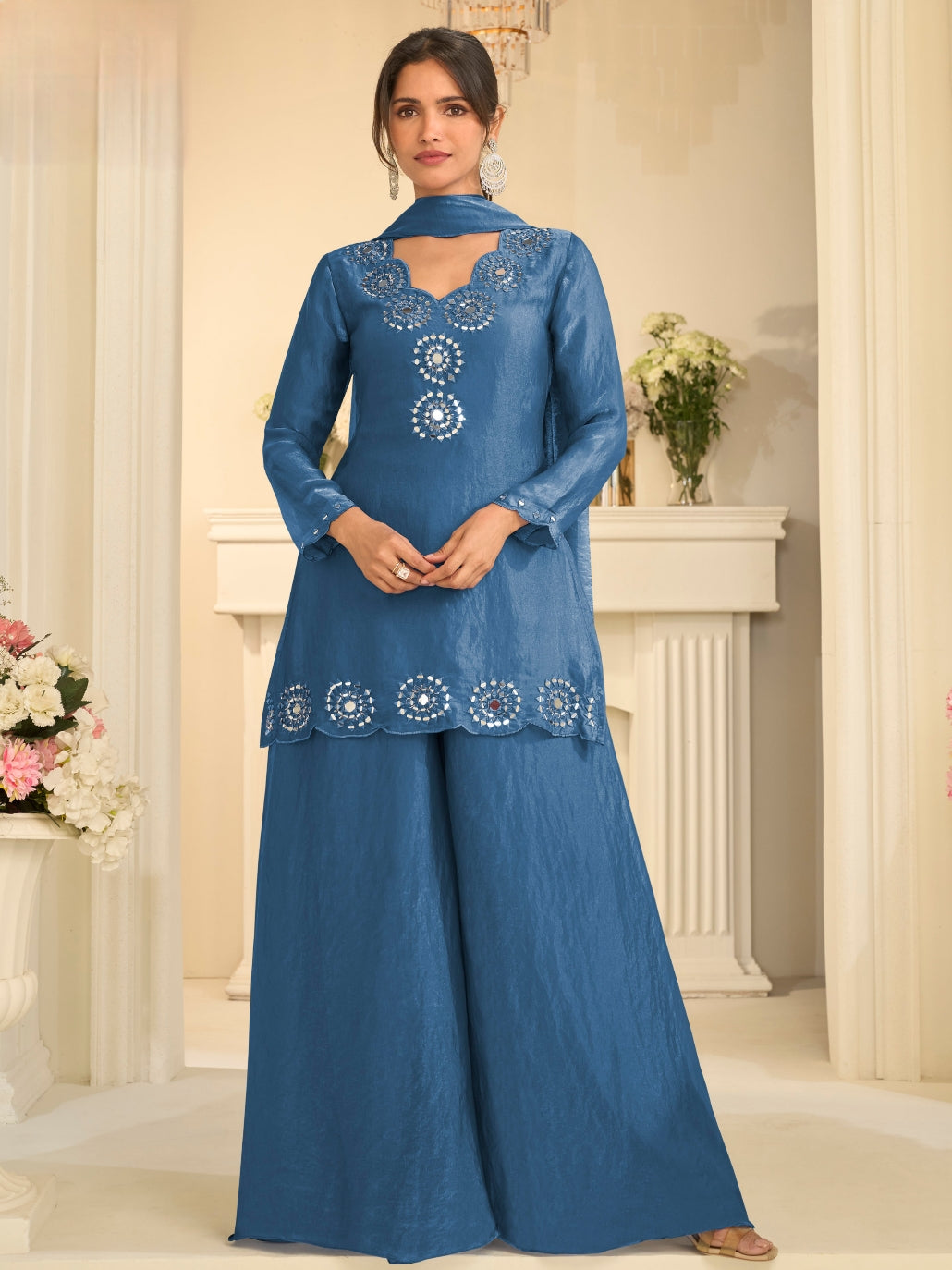 Royal Blue Premium Tora Silk Palazzo Suit with Hand Mirror Work 