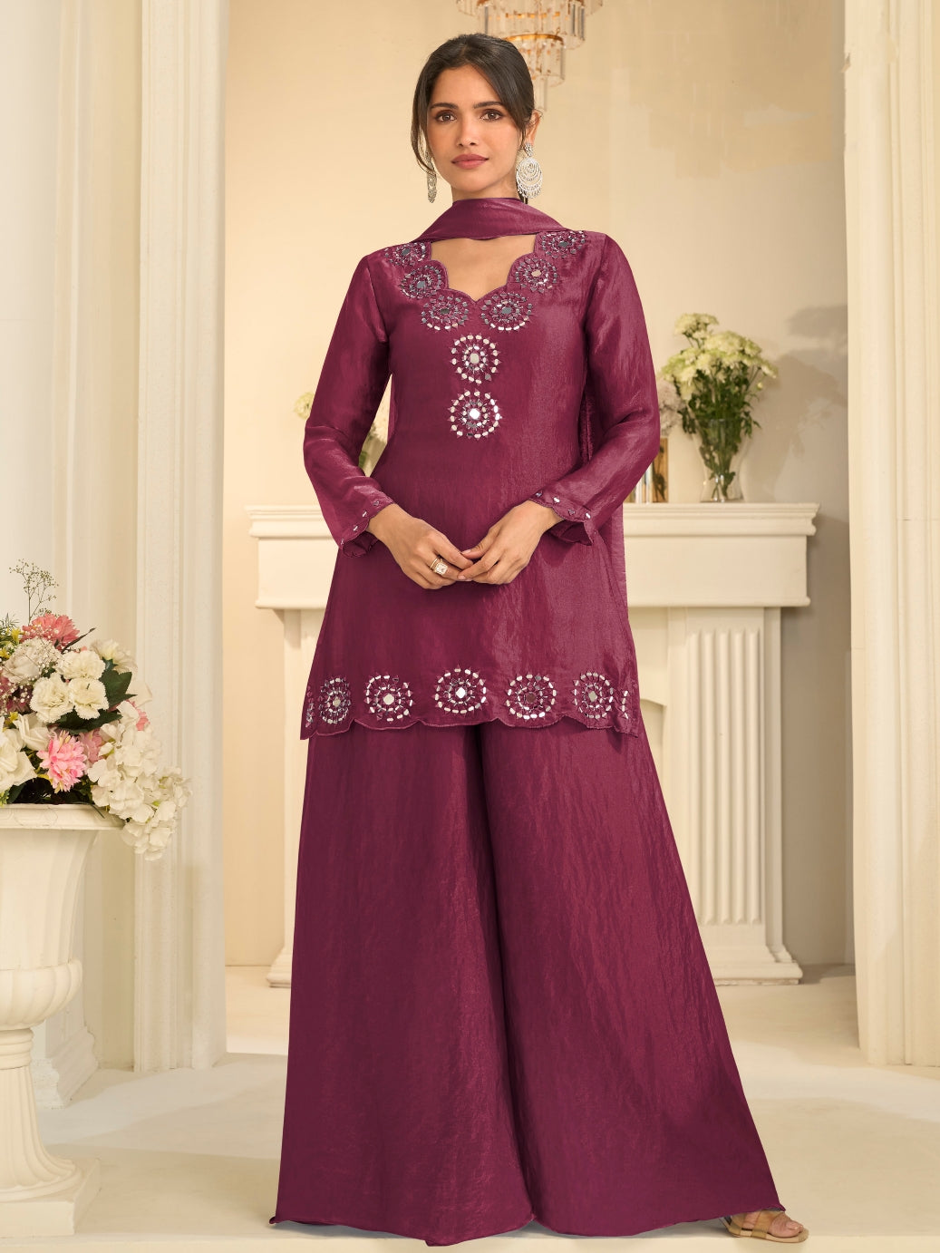 Wine Premium Tora Silk Palazzo Set with Heavy Hand Mirror Work 