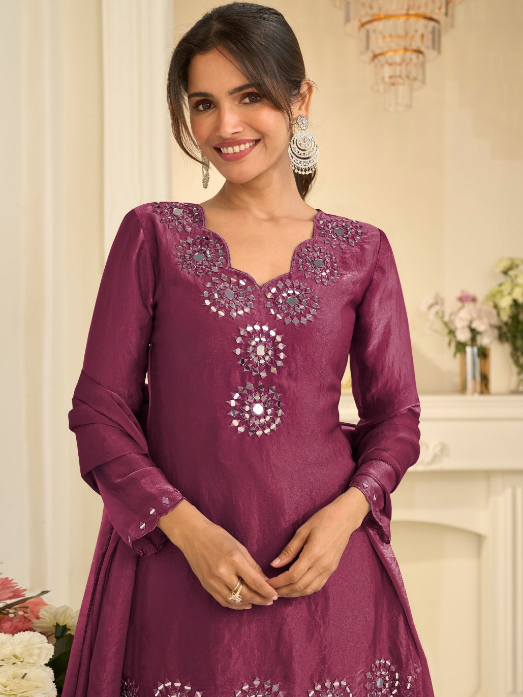 Wine Premium Tora Silk Palazzo Set with Heavy Hand Mirror Work 