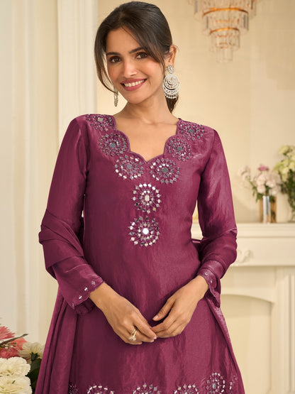 Wine Premium Tora Silk Palazzo Set with Heavy Hand Mirror Work 
