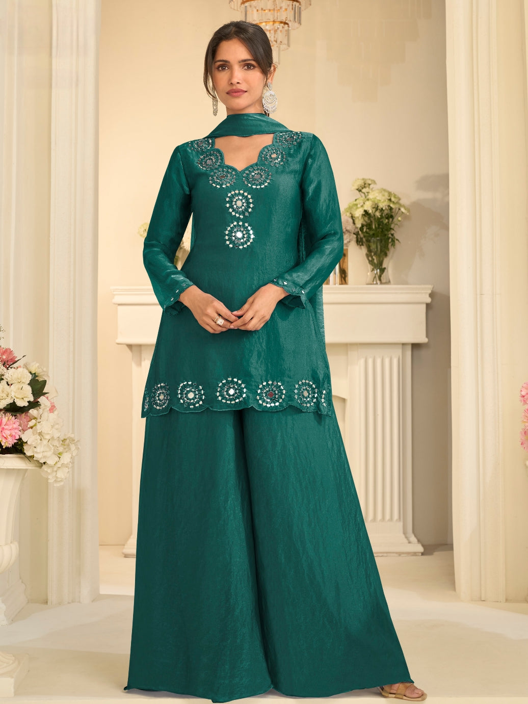 Bottle Green Tora Silk Palazzo Suit with Handcrafted Mirror Embroidery