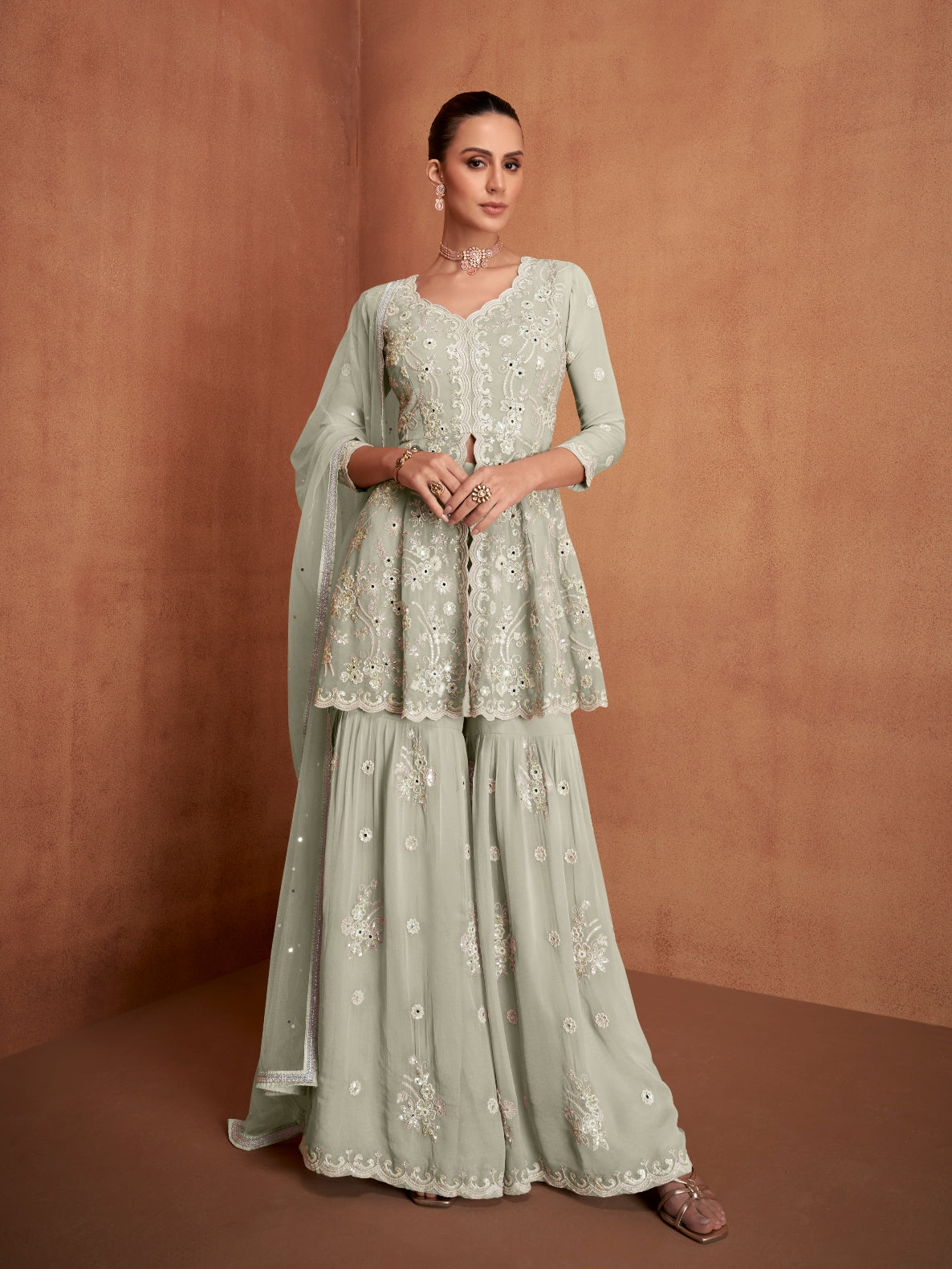 Sage Green Premium Real Georgette Embroidered Sharara Suit