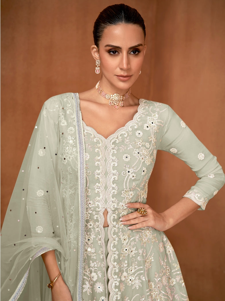 Sage Green Premium Real Georgette Embroidered Sharara Suit