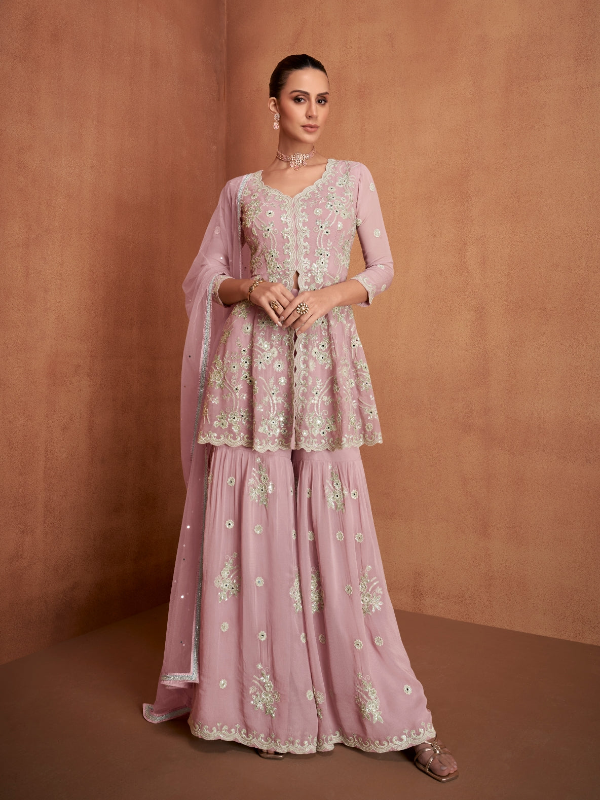 Blush Pink Real Georgette Heavy Embroidered Sharara Suit with Dupatta