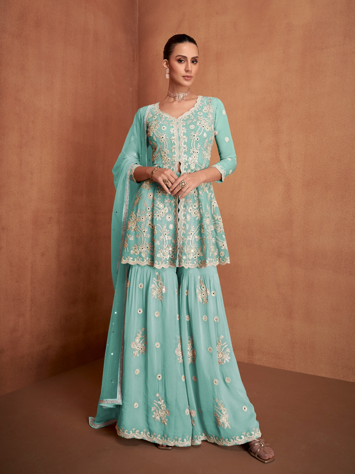 Sea Green Real Georgette Designer Embroidered Sharara Set