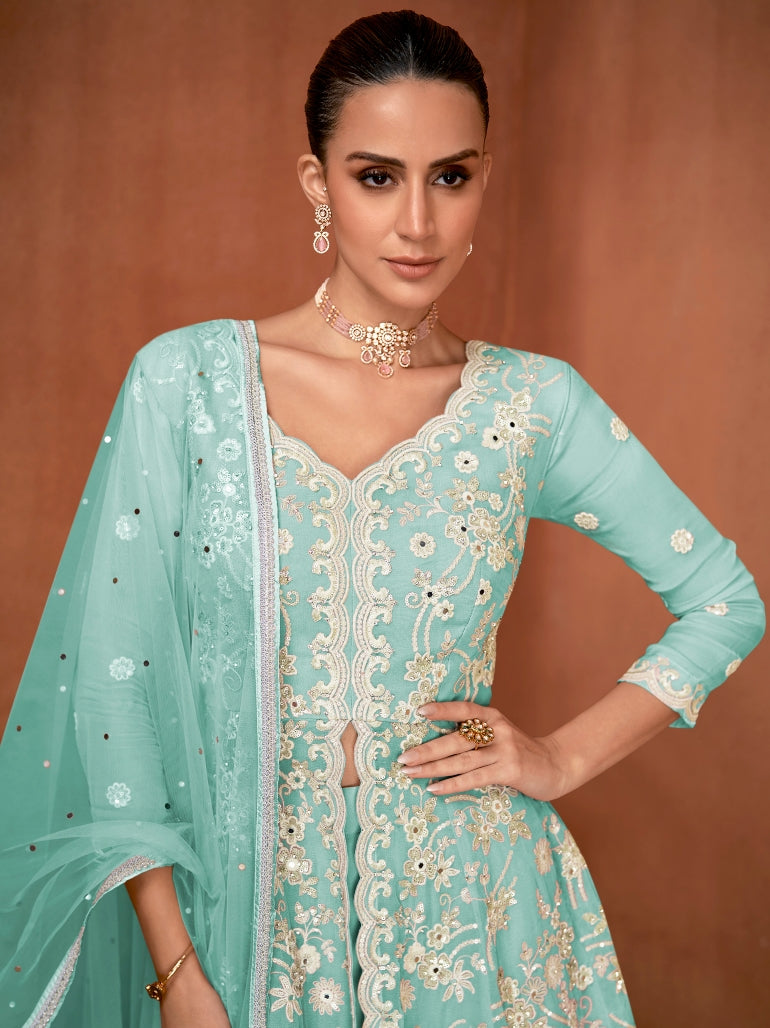 Sea Green Real Georgette Designer Embroidered Sharara Set