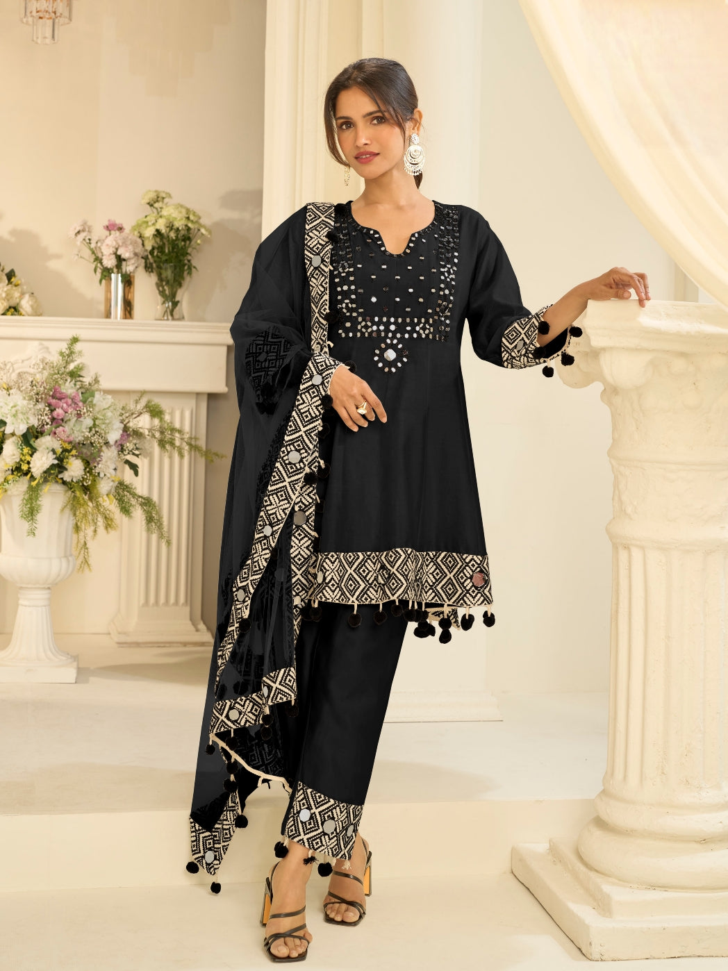 Black Straight Suit Set with Hand Mirror Work