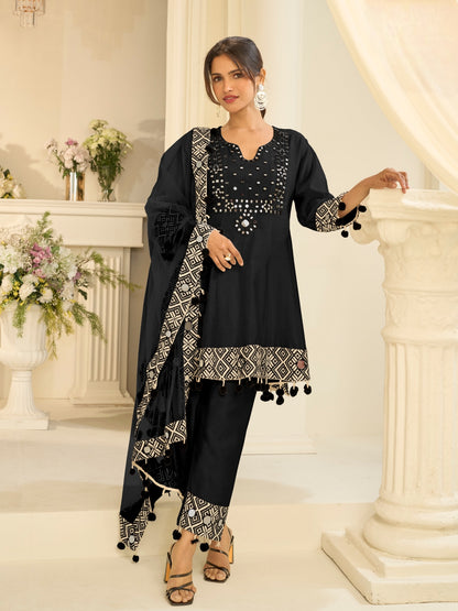 Black Straight Suit Set with Hand Mirror Work