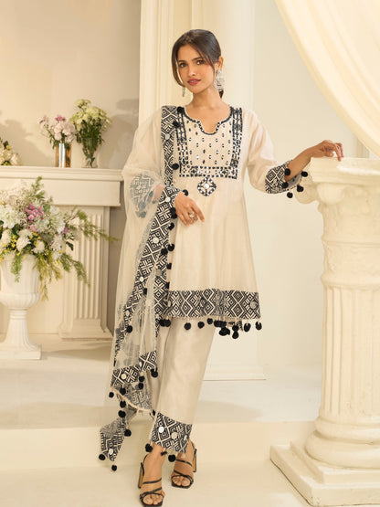 Ivory Straight Suit Set with Mirror Work Dupatta
