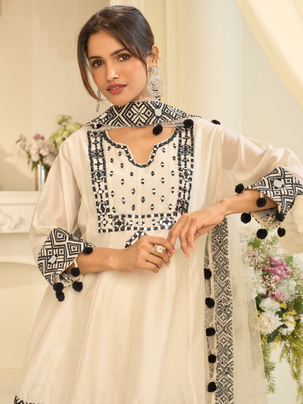 Ivory Straight Suit Set with Mirror Work Dupatta