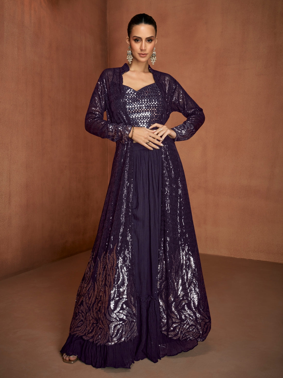 Deep Plum Georgette Sangeet Wear Jacket Style Palazzo Suit