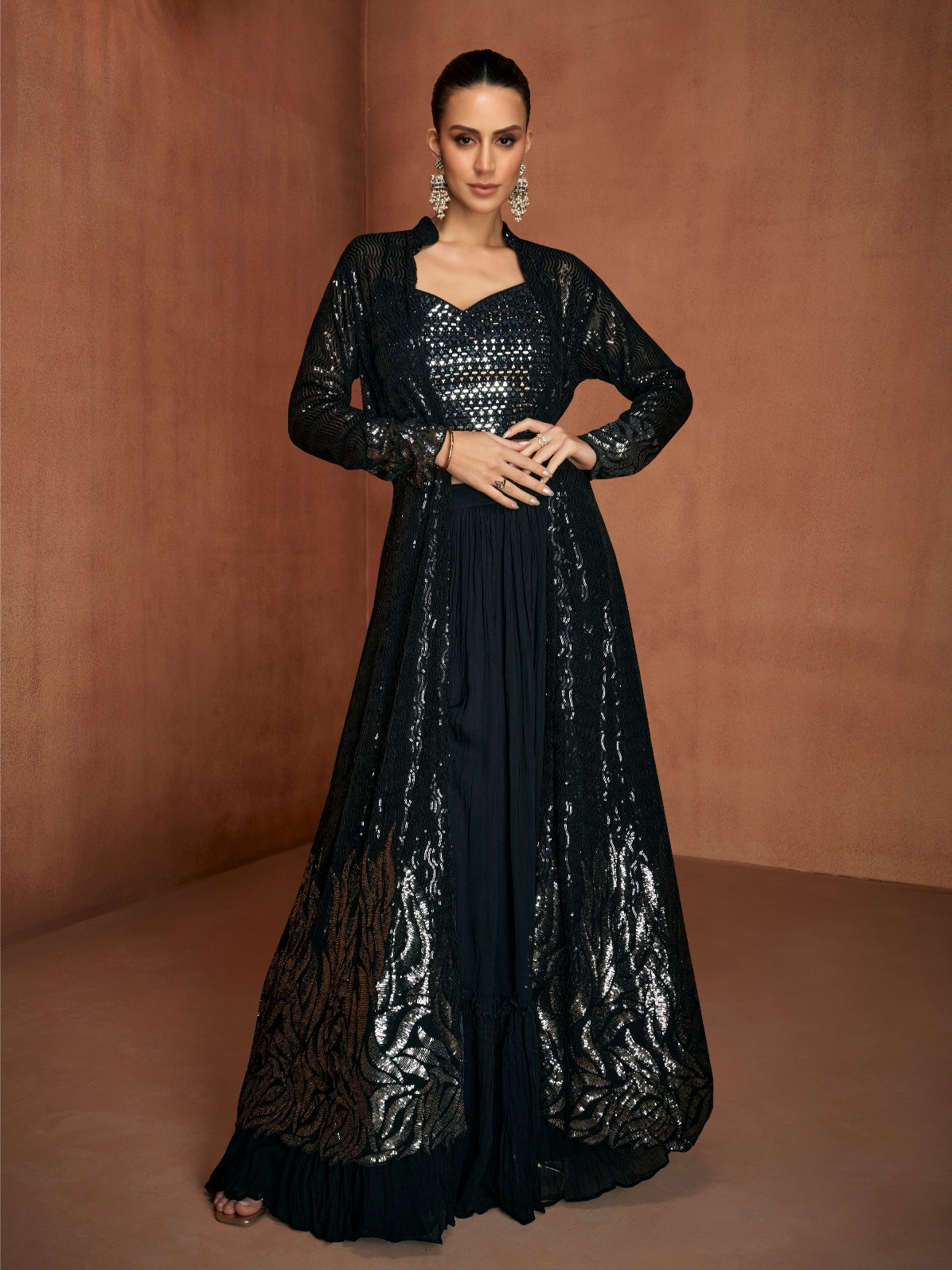 Black Georgette Party Wear Palazzo Suit with Embroidered Jacket
