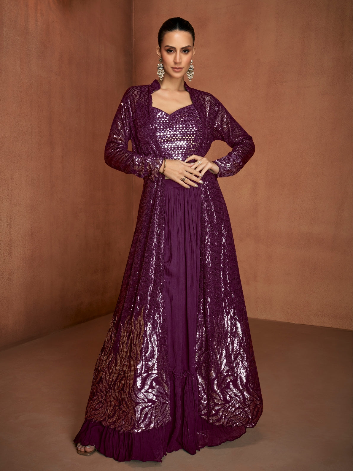 Wine Purple Georgette Palazzo Suit with Long Embroidered Jacket