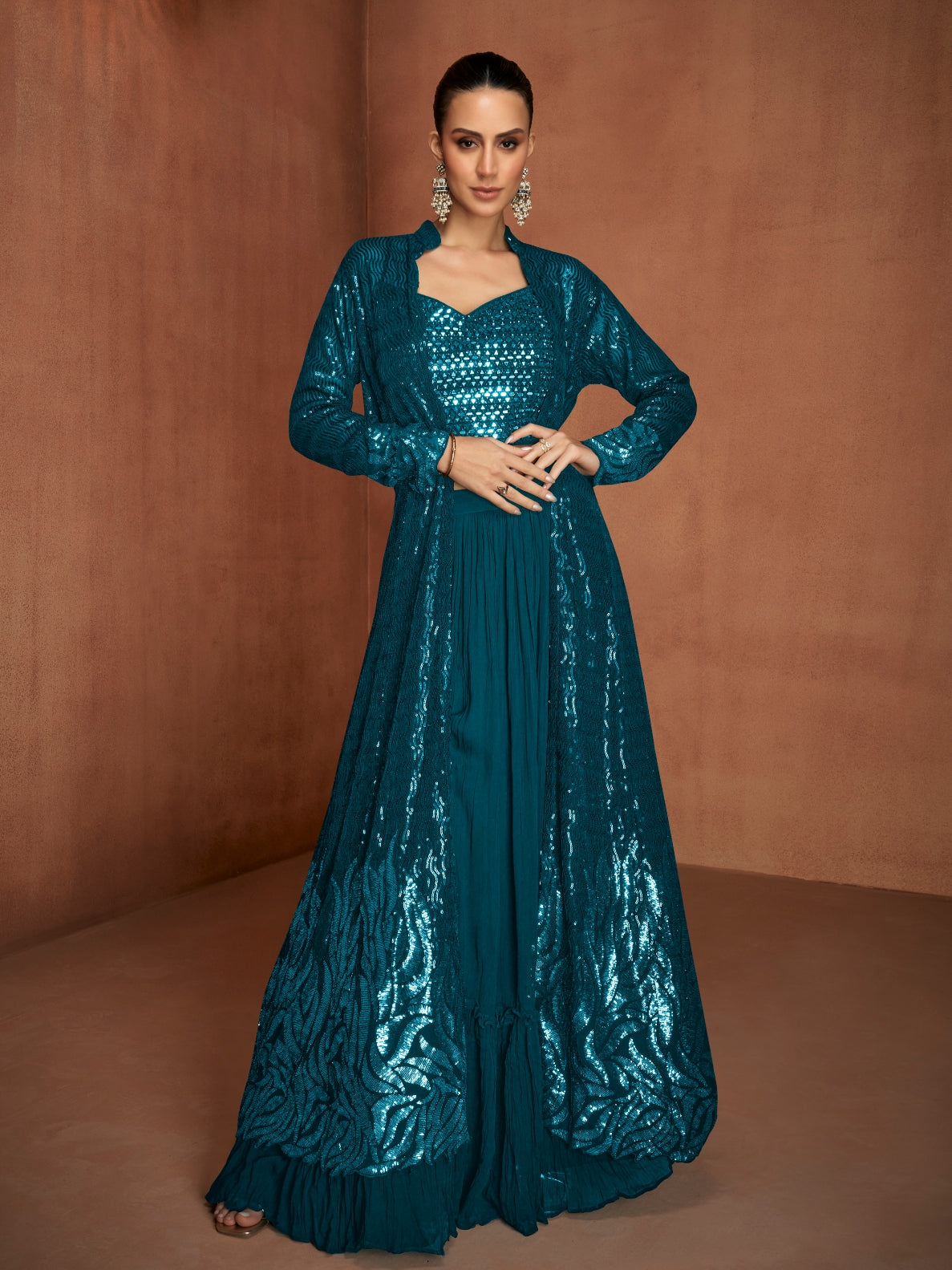 Teal Green Georgette Jacket Style Palazzo Suit with Heavy Embroidery