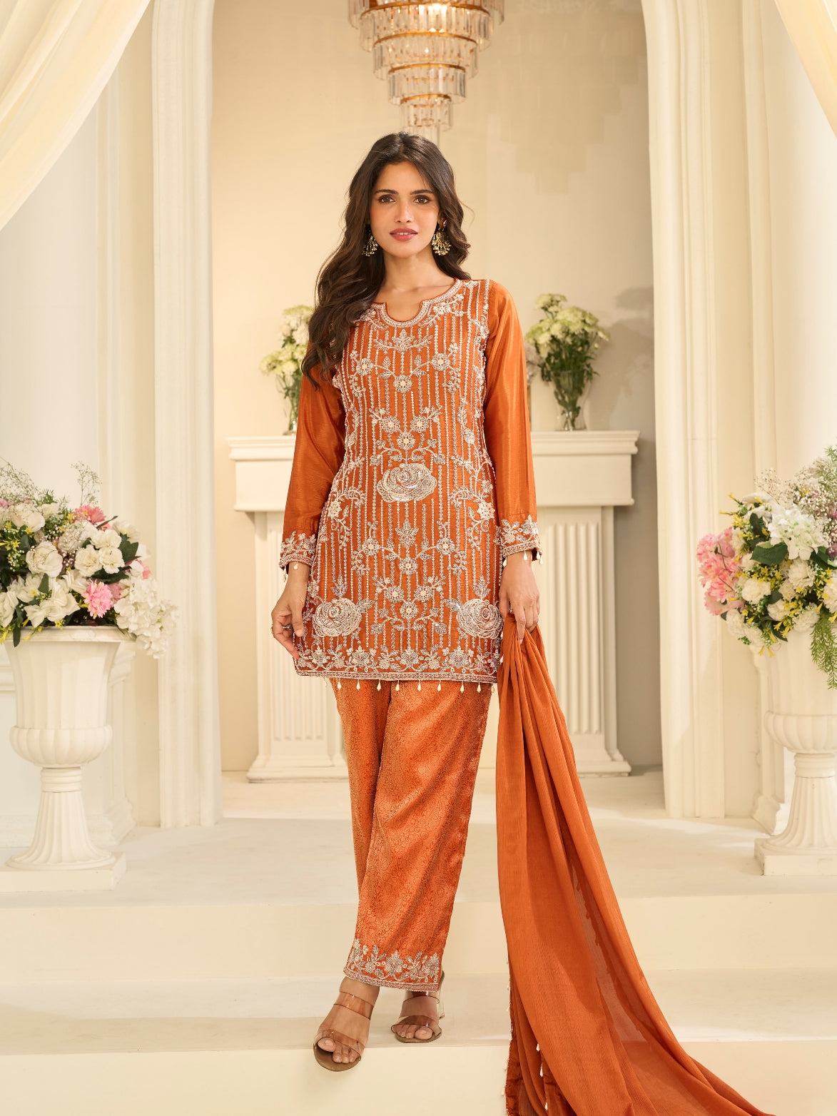 Burnt Orange Premium Chinon Silk Beads Embroidered Palazzo Suit