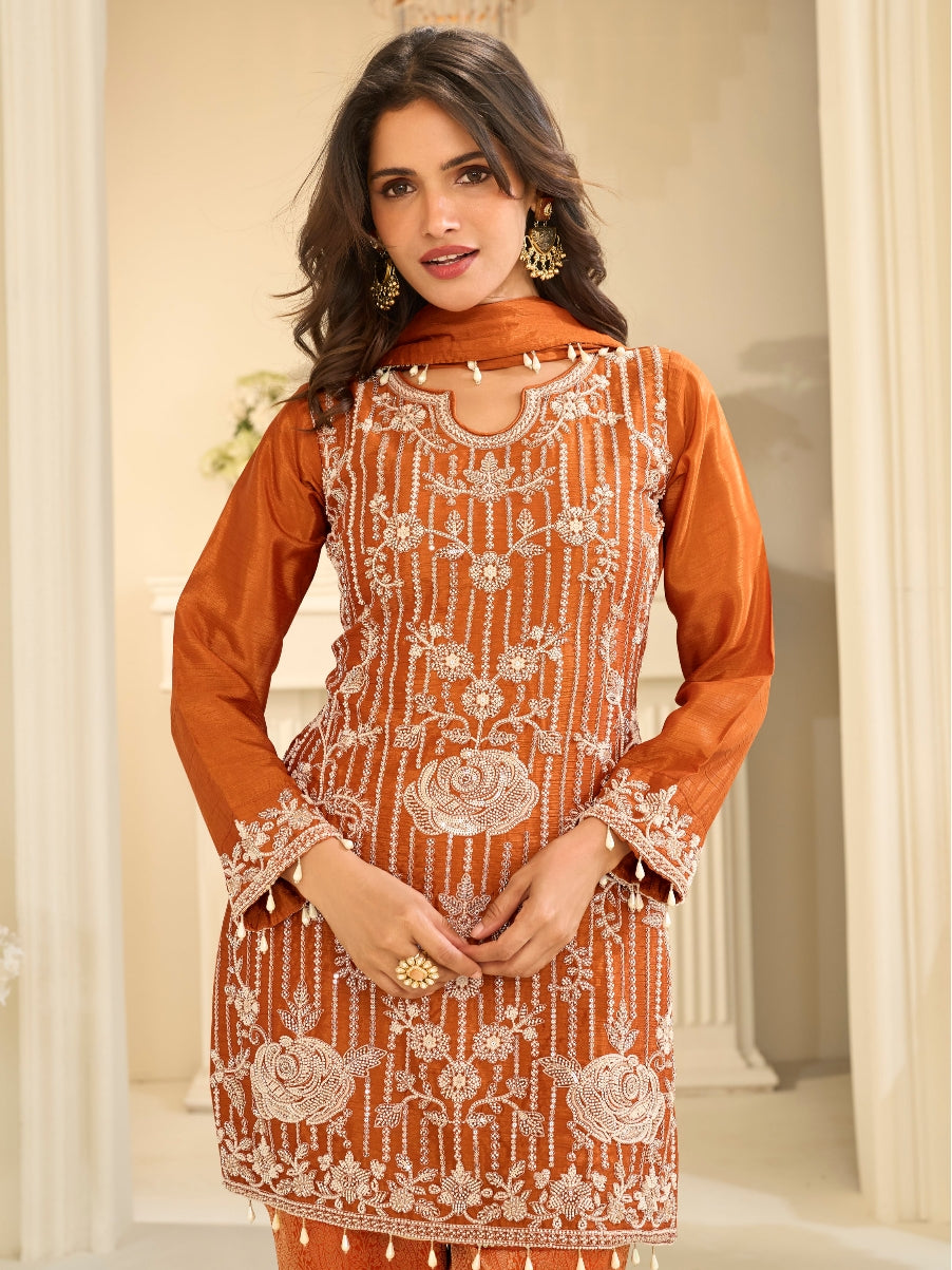 Burnt Orange Premium Chinon Silk Beads Embroidered Palazzo Suit