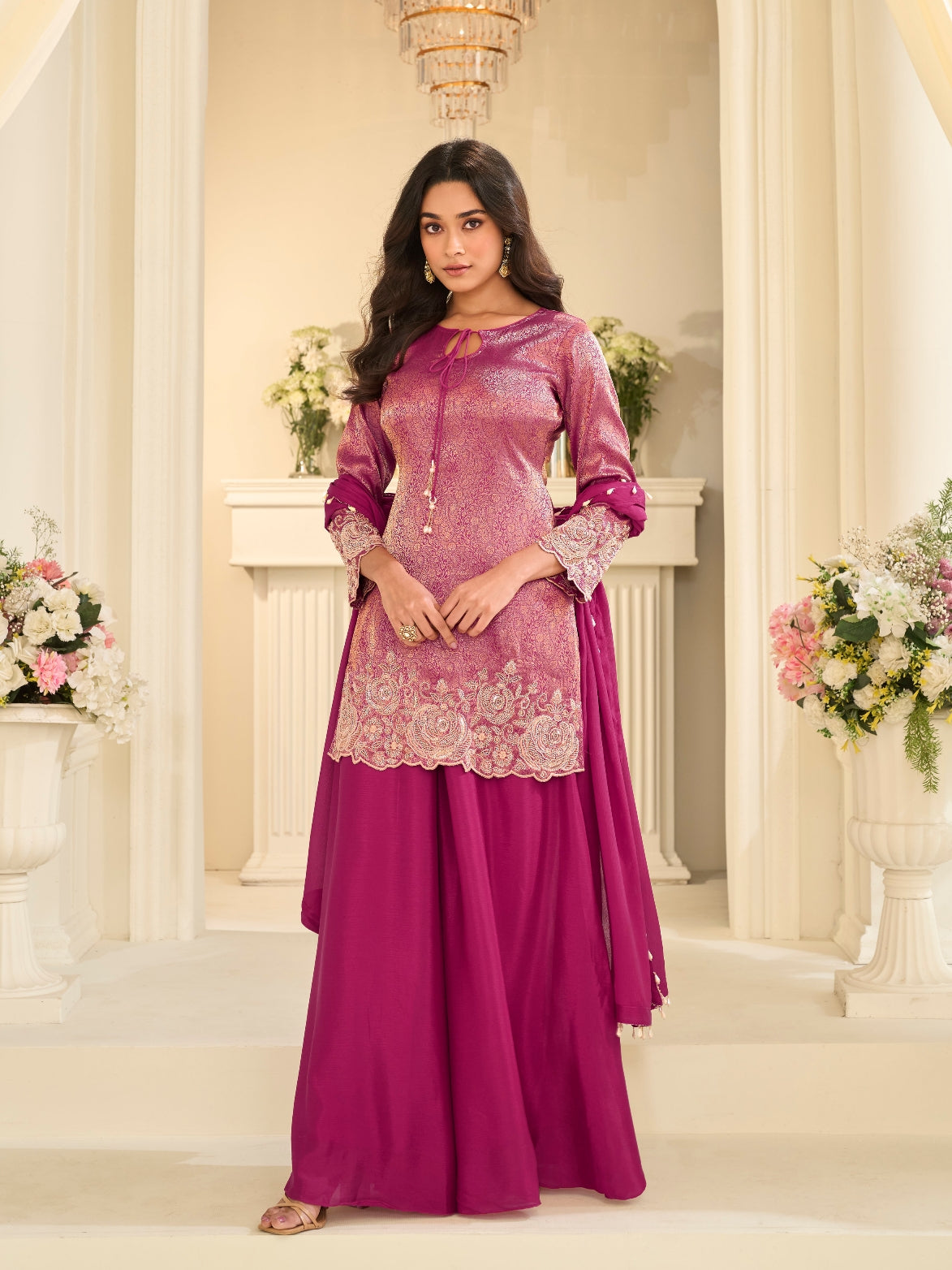 Magenta Pink Viscose Jacquard Silk Beads Work Palazzo Suit