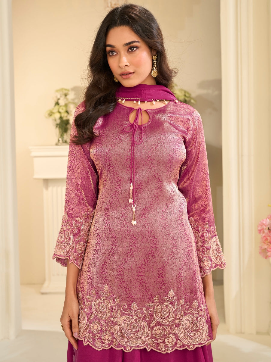Magenta Pink Viscose Jacquard Silk Beads Work Palazzo Suit