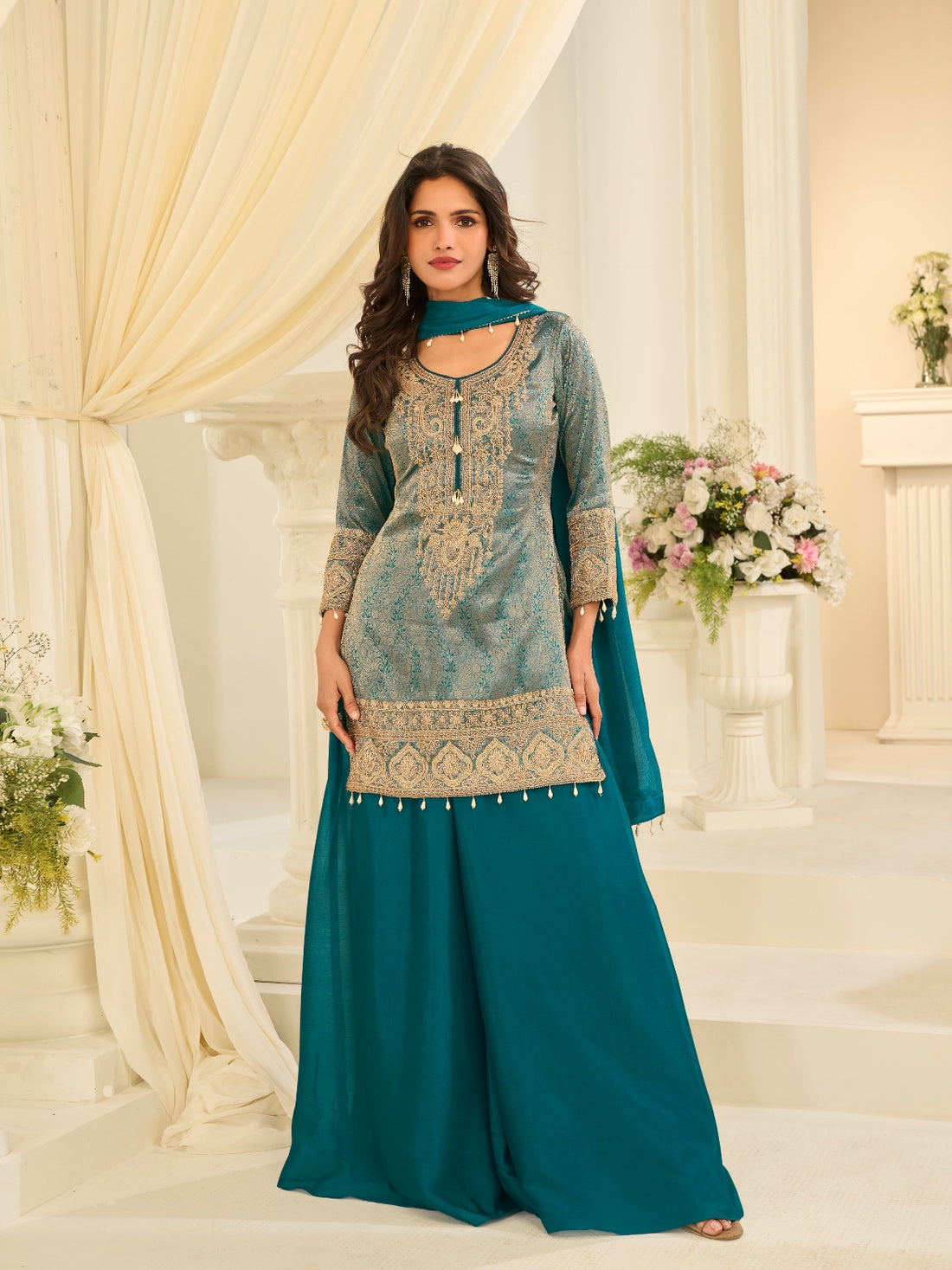 Teal Green Premium Chinon Silk Beads Embroidered Palazzo Set
