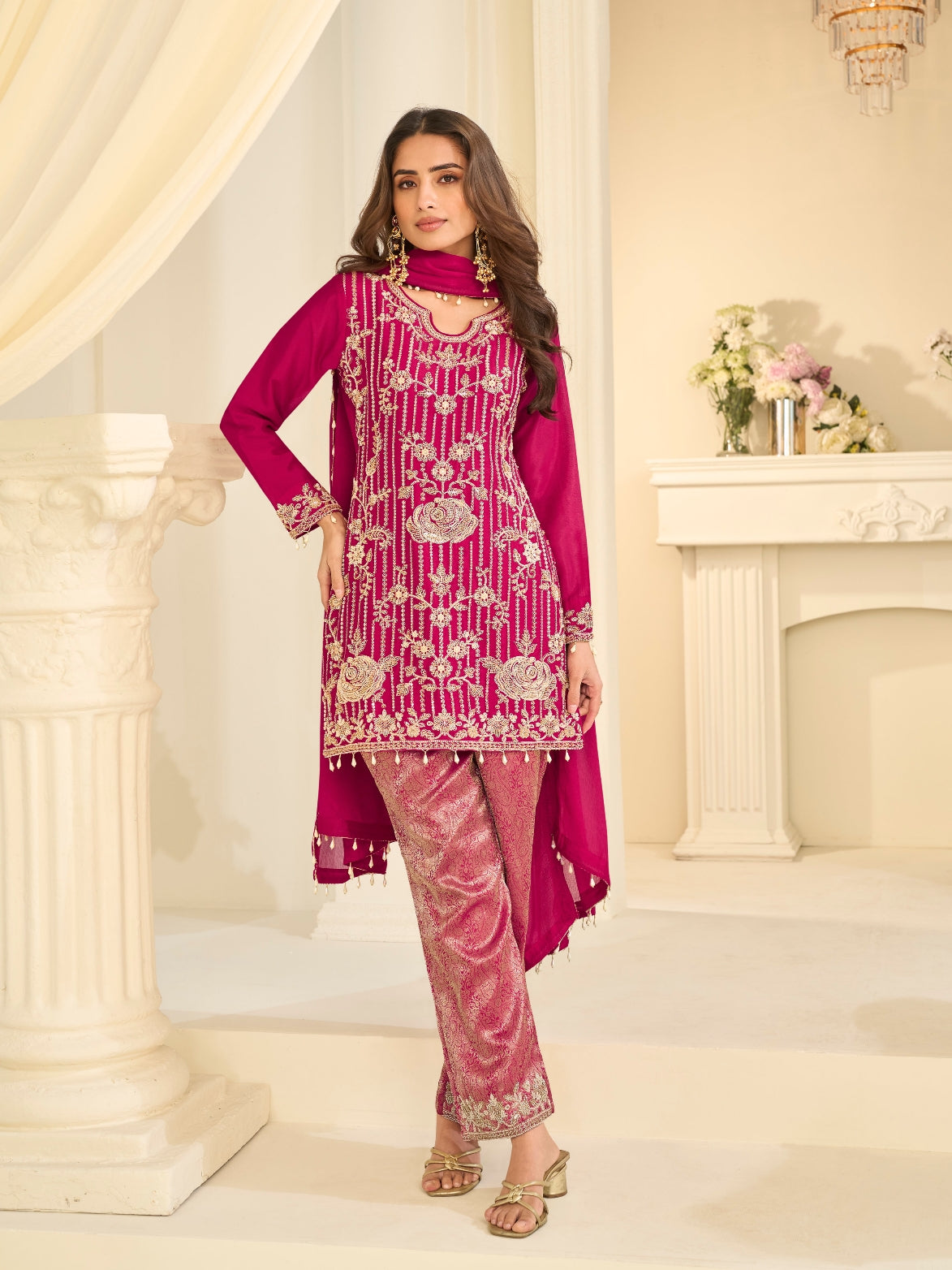 Hot Pink Viscose Jacquard Silk Heavy Beads Work Palazzo Suit