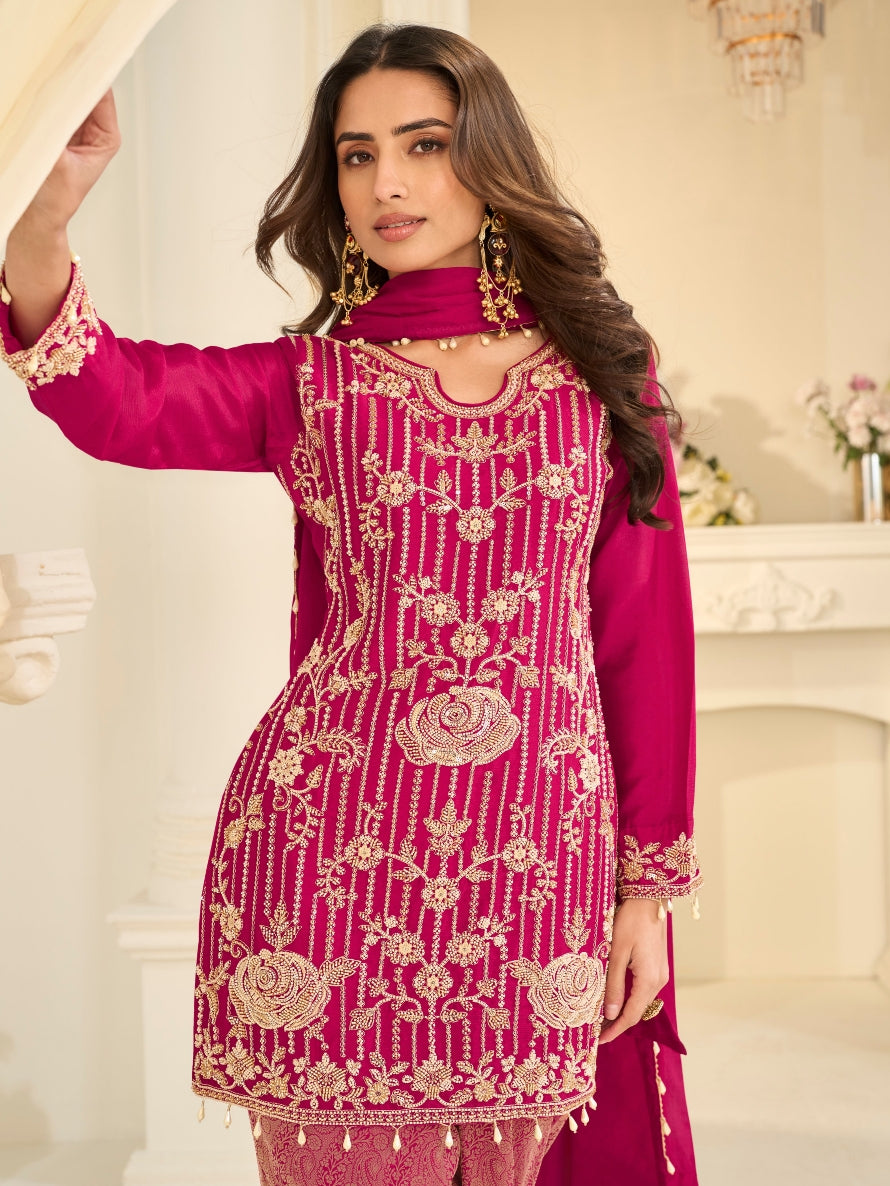 Hot Pink Viscose Jacquard Silk Heavy Beads Work Palazzo Suit