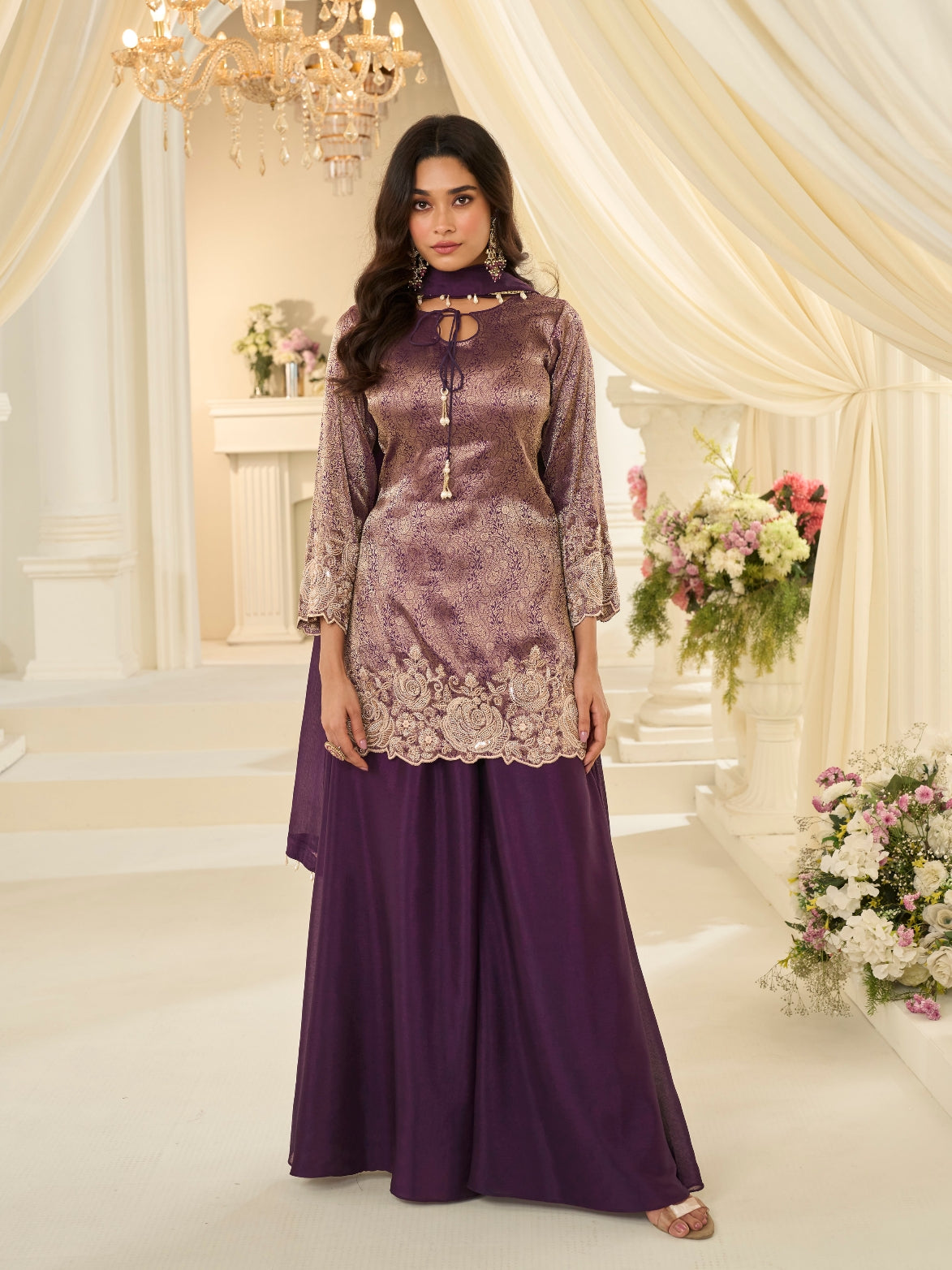 Deep Wine Purple Premium Chinon Silk Beads Work Palazzo Suit