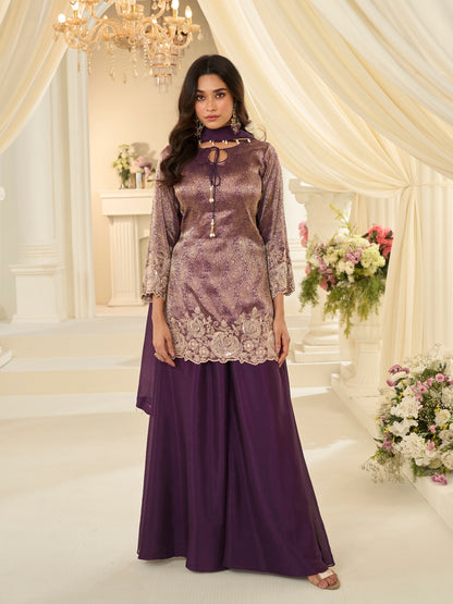 Deep Wine Purple Premium Chinon Silk Beads Work Palazzo Suit