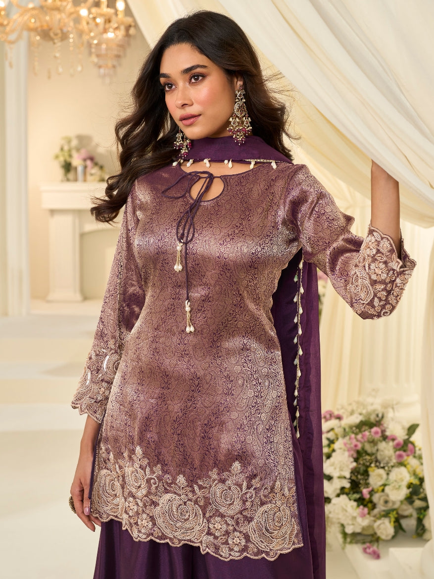 Deep Wine Purple Premium Chinon Silk Beads Work Palazzo Suit