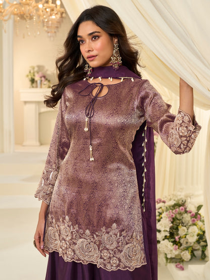 Deep Wine Purple Premium Chinon Silk Beads Work Palazzo Suit