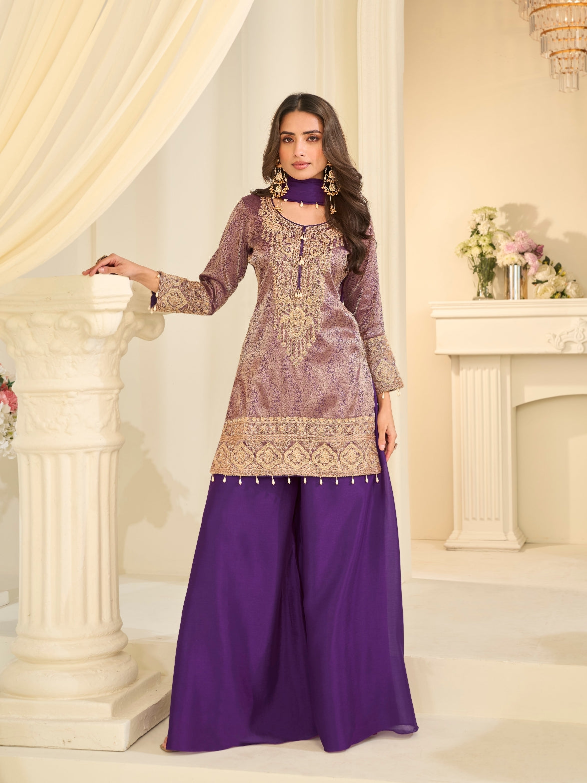 Lavender Purple Viscose Jacquard Silk Beads Work Palazzo Suit