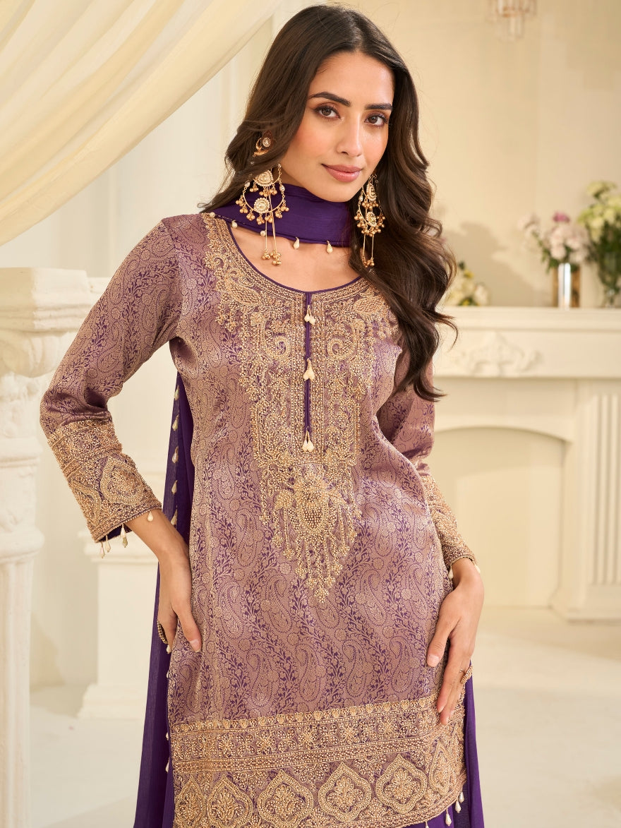 Lavender Purple Viscose Jacquard Silk Beads Work Palazzo Suit