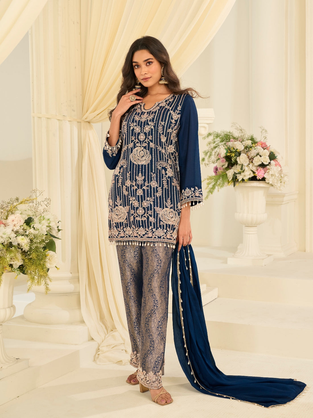 Navy Blue Viscose Jacquard Beads Work Palazzo Suit