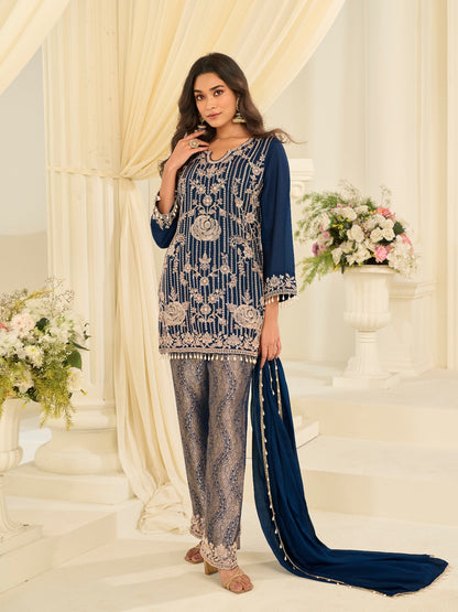 Navy Blue Viscose Jacquard Beads Work Palazzo Suit
