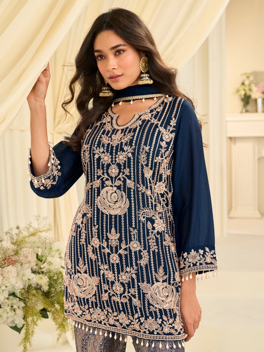 Navy Blue Viscose Jacquard Beads Work Palazzo Suit