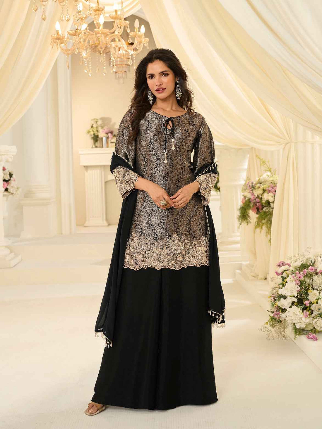Black Premium Chinon Silk Beads Embroidered Palazzo Suit