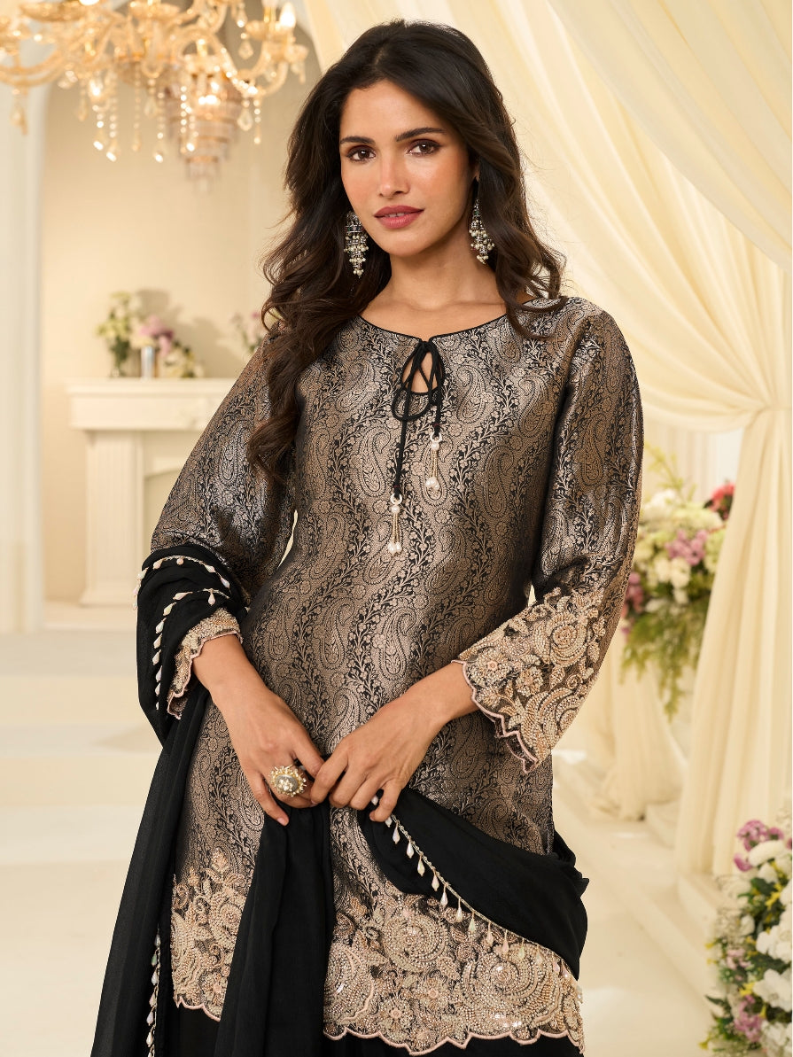 Black Premium Chinon Silk Beads Embroidered Palazzo Suit
