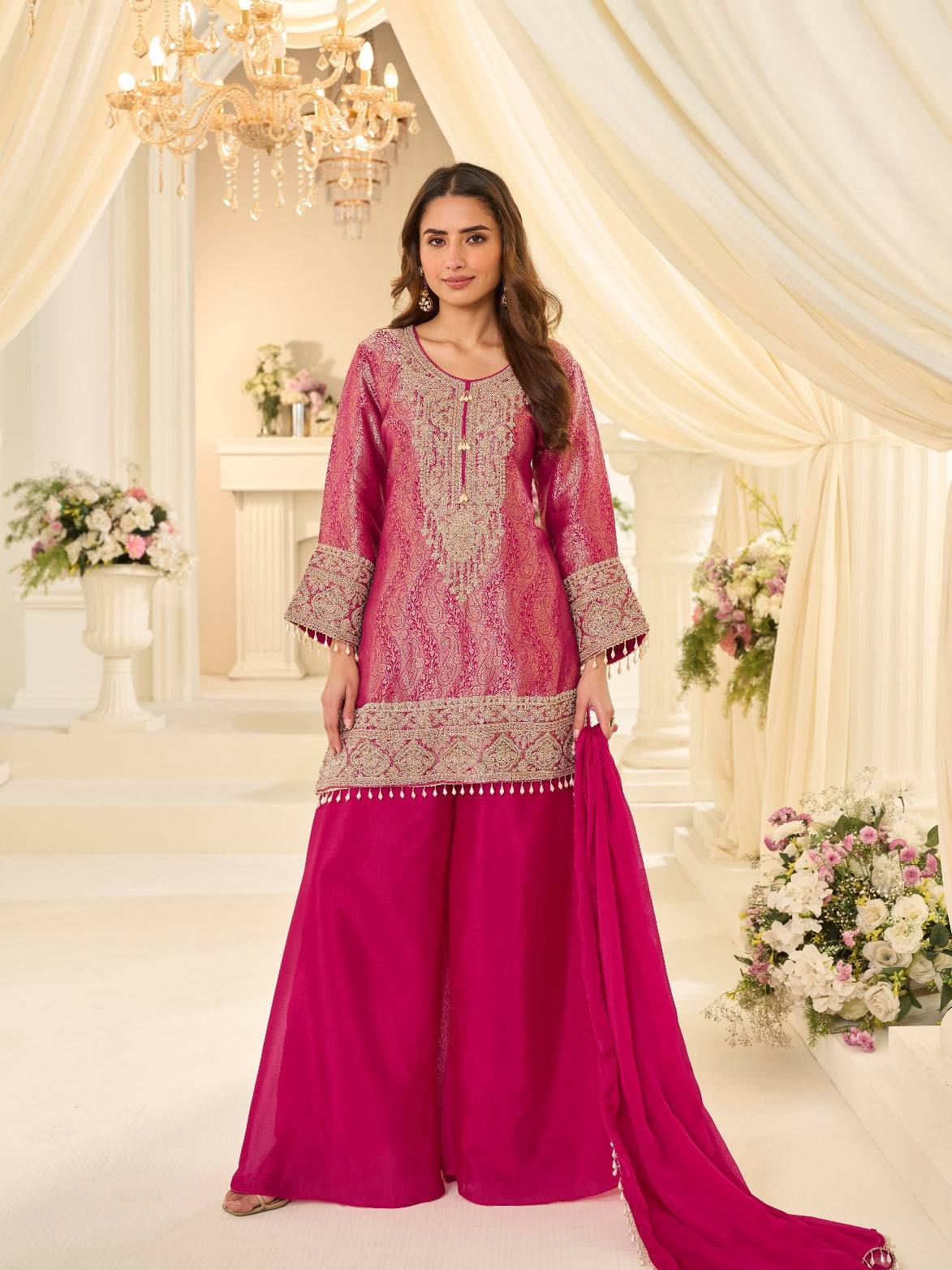 Rani Pink Viscose Jacquard Silk Beads Work Festive Palazzo Suit
