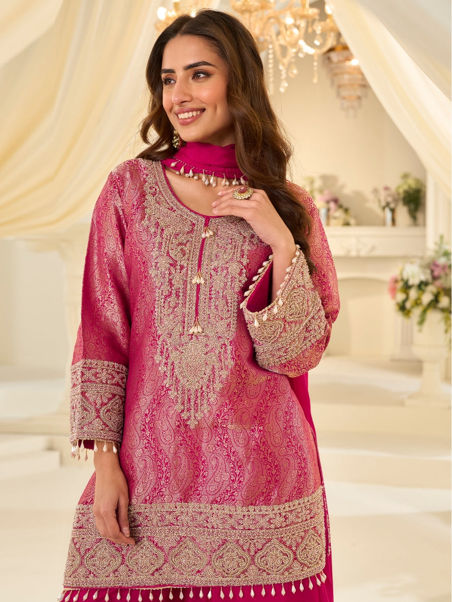Rani Pink Viscose Jacquard Silk Beads Work Festive Palazzo Suit