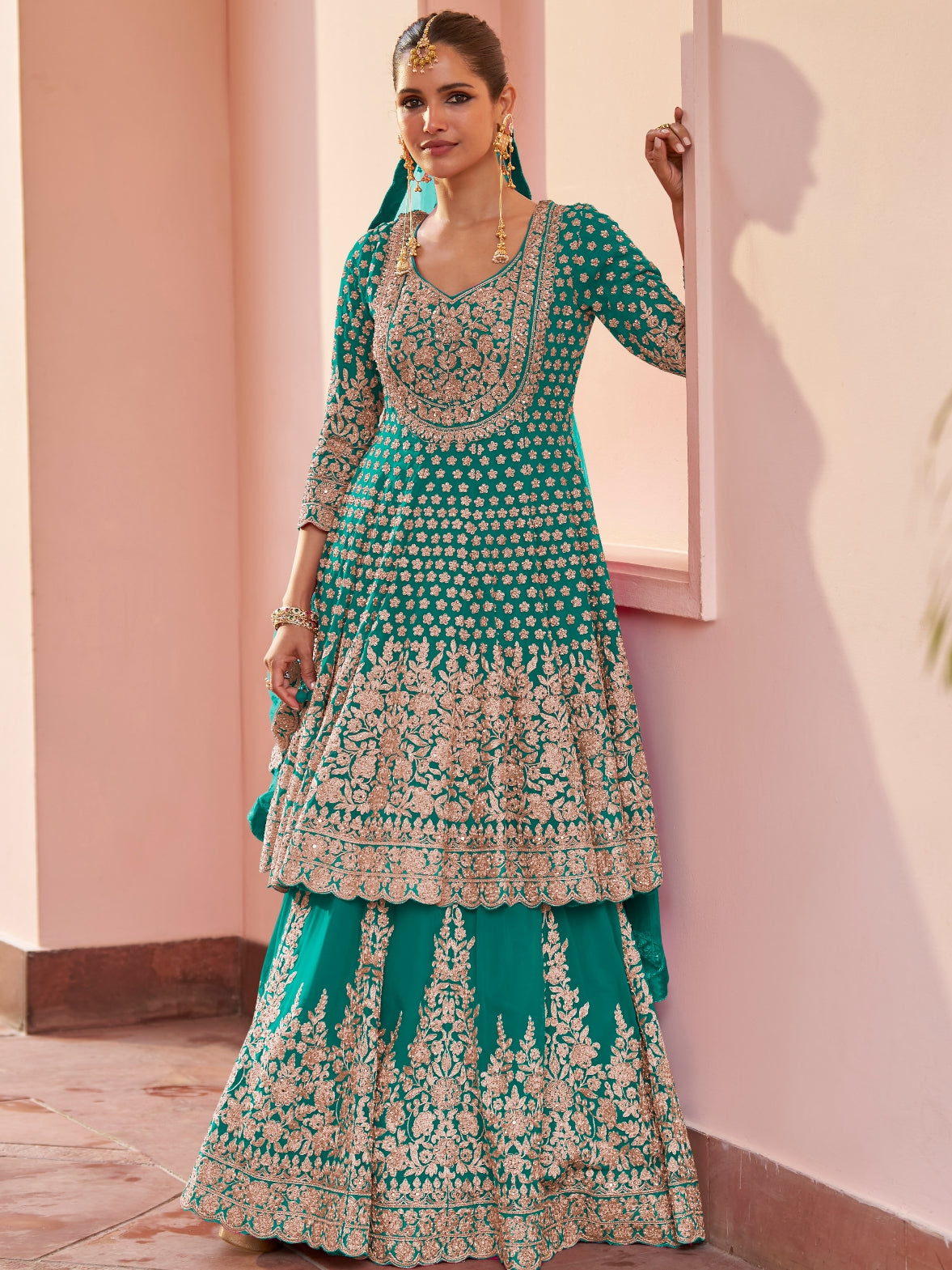 Mehendi Green Heavy Embroidered Real Georgette Sharara Suit